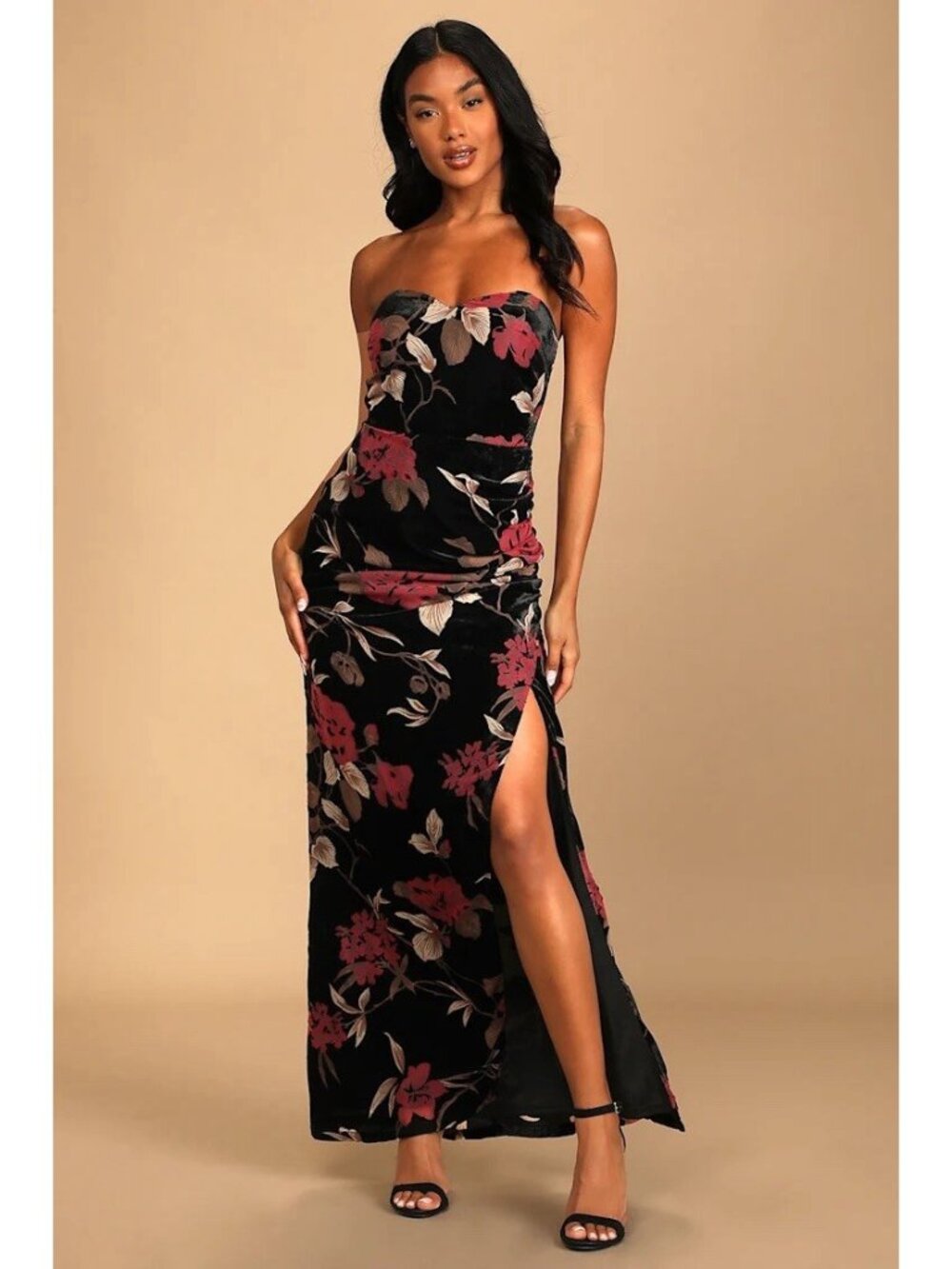 Lulus Exquisite Black Floral Burnout Velvet Strapless Maxi Dress Medium